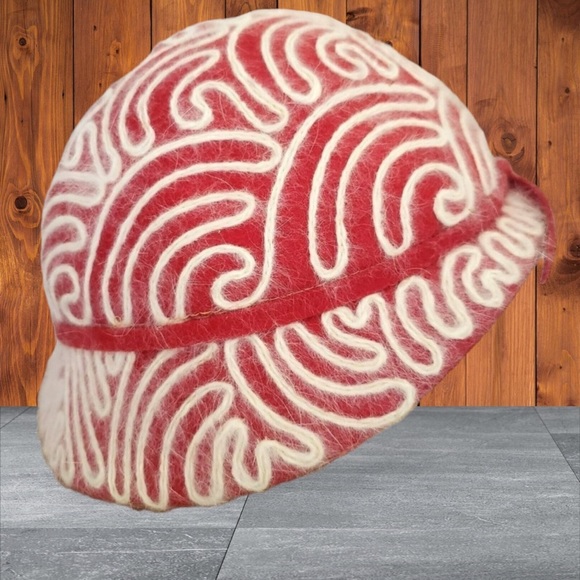 VINTAGE Wool Angora Bucket Hat Gatsby Flapper Costume Grandma Core Red Embroider - Picture 6 of 16